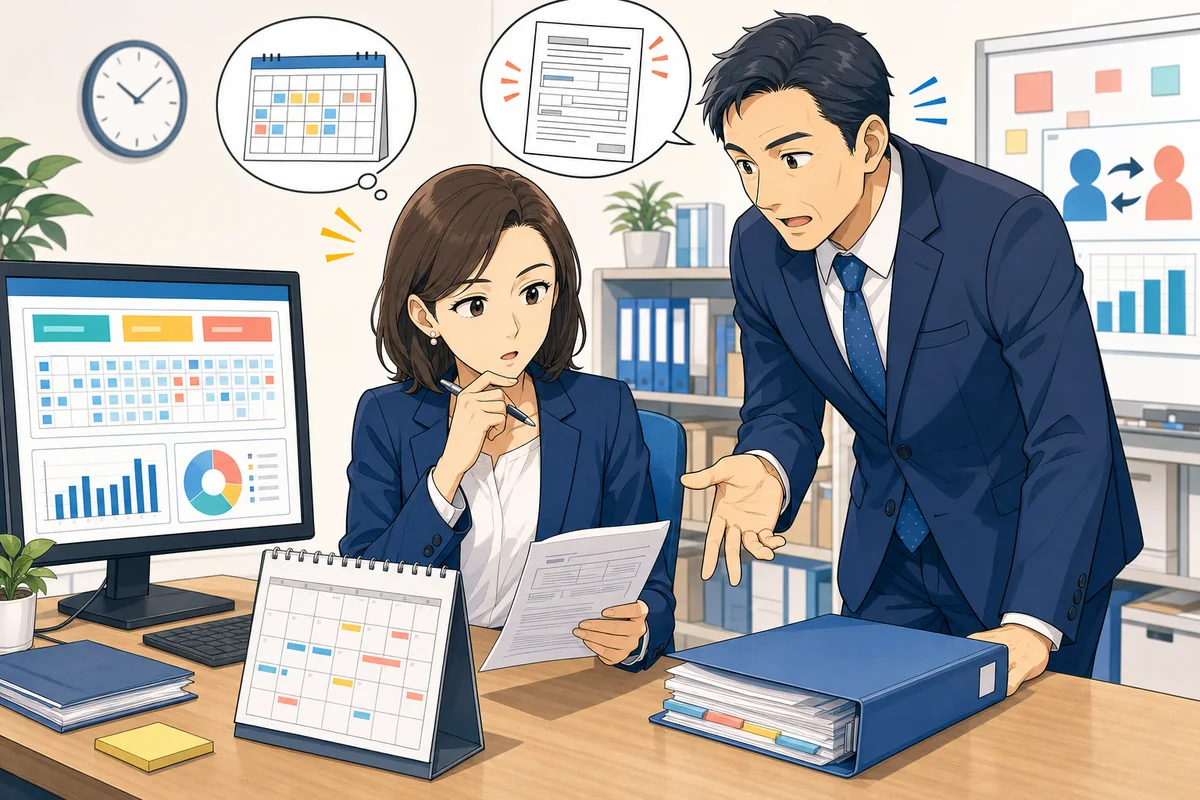 人事担当者と部門責任者が36協定の書類、勤怠データ、年間カレンダーを照合している場面