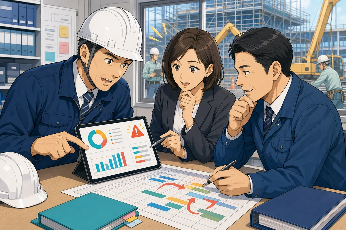 建設会社の現場責任者、人事担当者、部門責任者が勤怠アラートと工程表を見て作業を再配分している場面