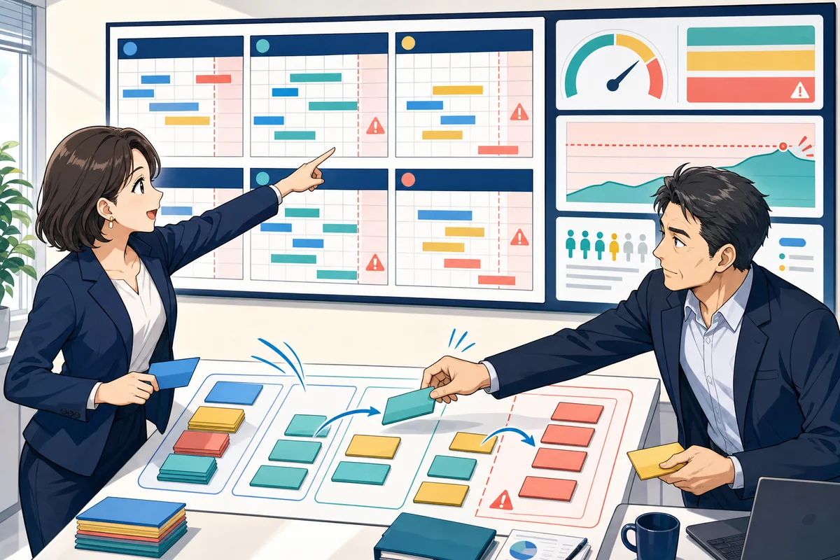 人事担当者と部門責任者が複数月の残業推移と警告を確認し、業務カードを組み替えている場面