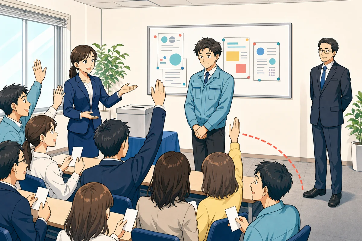 従業員が投票と挙手で36協定の過半数代表者を選び、会社側が離れて見守っている場面