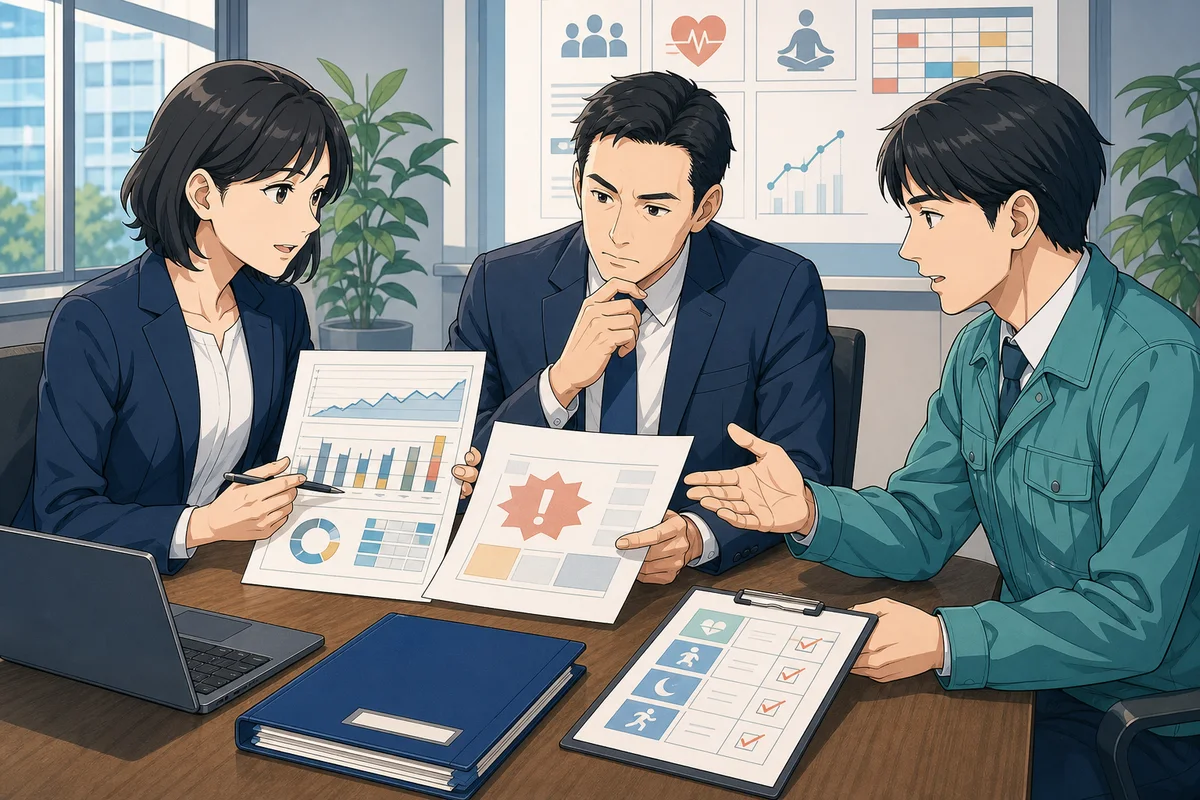 人事、部門責任者、労働者代表が残業見込みと健康確保措置を確認している場面