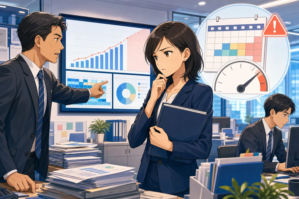 残業の到達見込みを見ながら特別条項の発動要否を検討する人事担当者と部門責任者