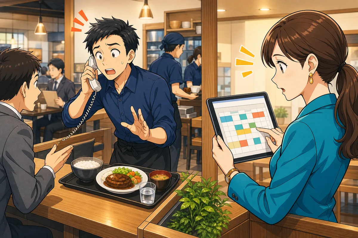 飲食店で休憩中の従業員が電話と来客に対応し、人事担当者が自動控除された休憩時間を修正しようとしている場面