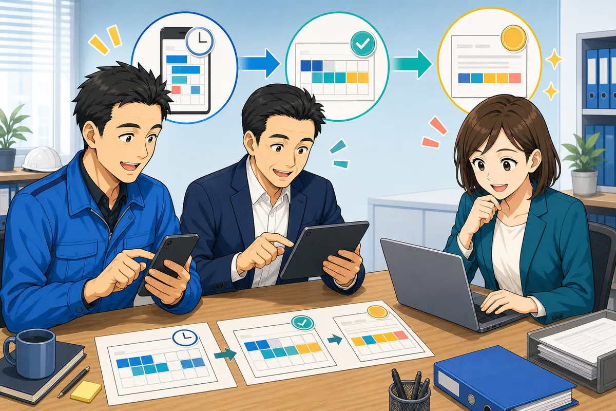 従業員が打刻修正を申請し、上司が承認し、人事担当者が元記録から給与連携までの履歴を確認している場面