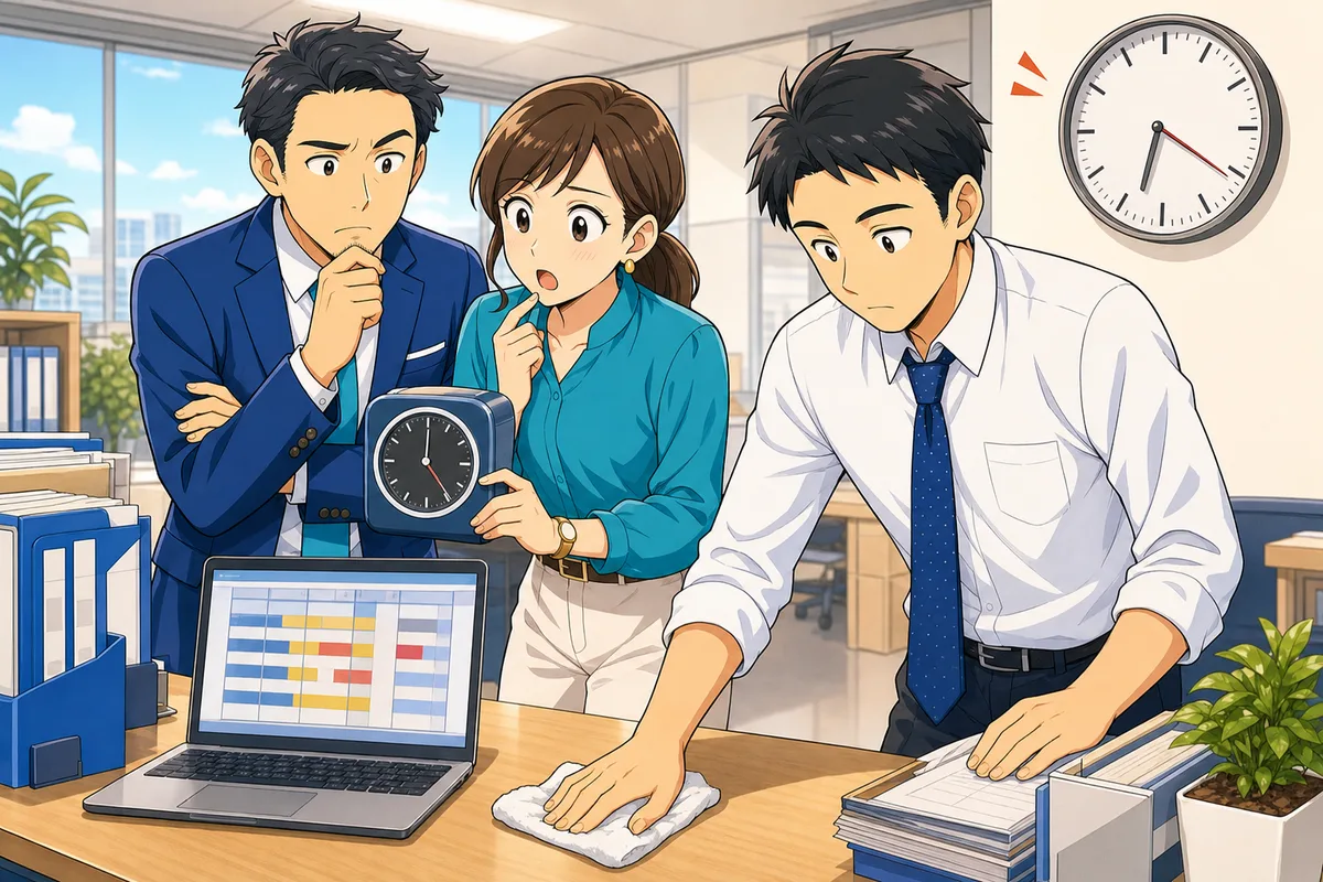 終業後の片付けを続ける従業員のそばで、人事担当者と経営者が打刻記録と処理後の勤怠データのずれに気づいた場面