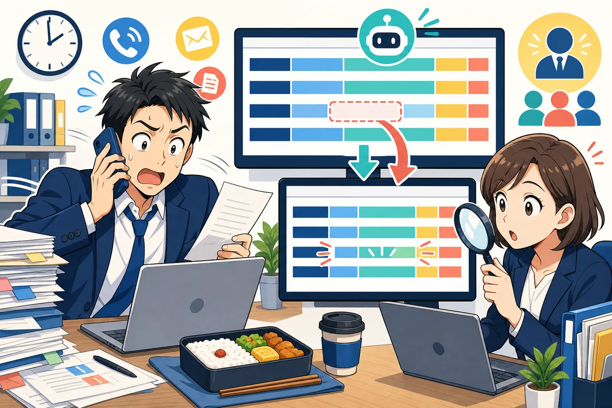 昼も電話対応を続ける従業員と、勤怠システムの自動休憩控除のずれを人事担当者が見つけた場面