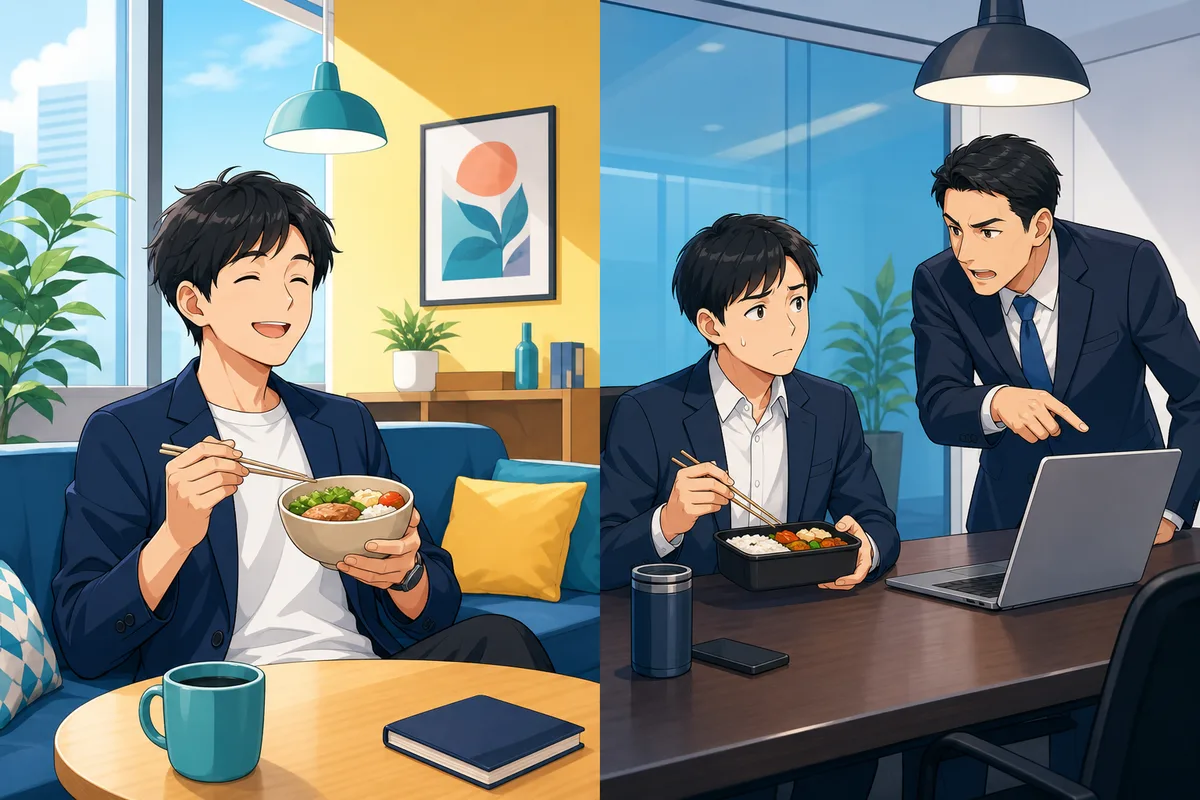 自由に昼食を取る従業員と、昼食を取りながら上司の説明を聞く従業員を対比した場面