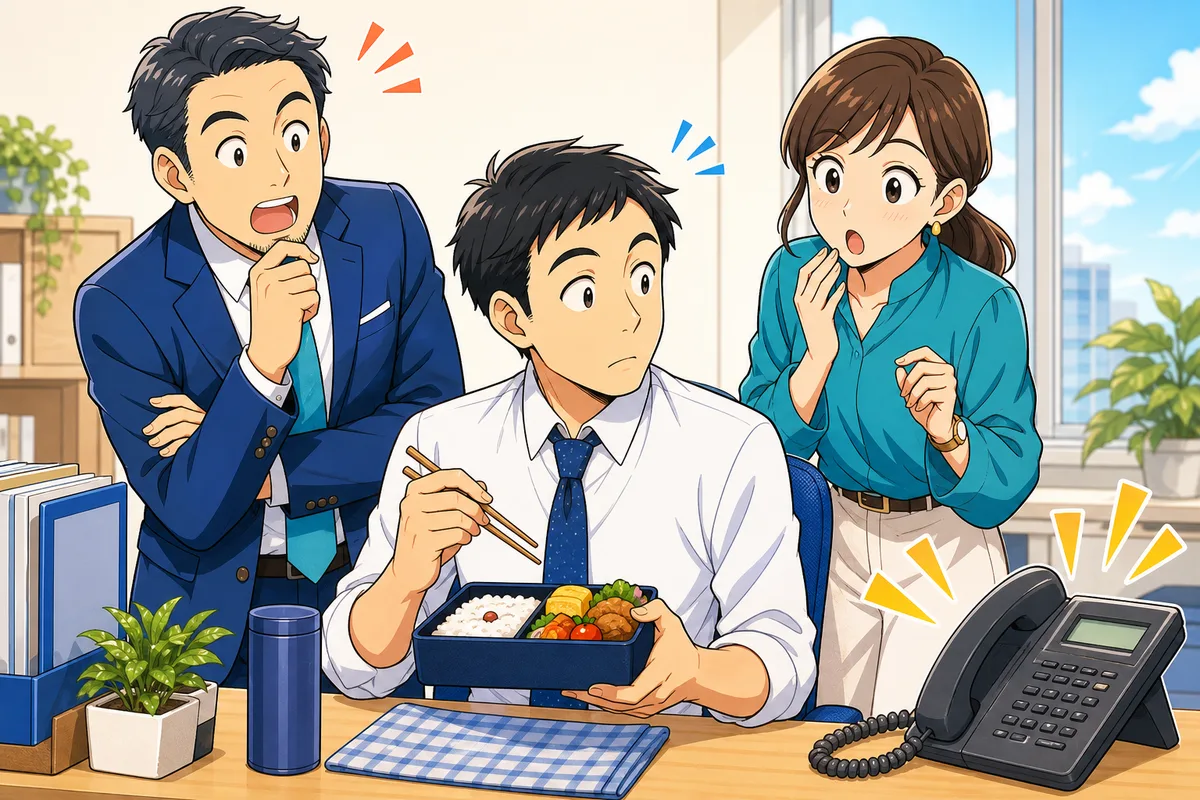 昼食中の従業員のそばで電話が鳴り、経営者と人事担当者が電話番は休憩にならないことに気づいた場面