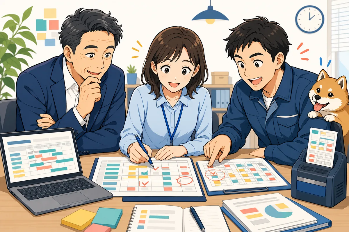 経営者、人事担当者、現場責任者がシフト表と勤怠記録を並べて休憩の実態を確認している場面