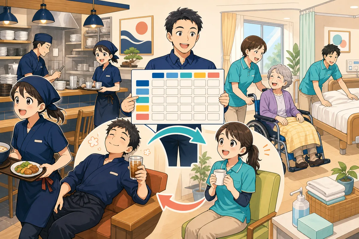 飲食店と介護施設のスタッフがシフト表を使い、仕事を引き継ぎながら交代で休憩している場面
