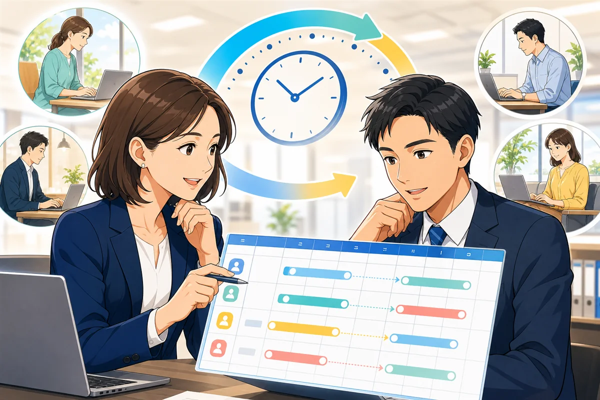 人事担当者と従業員が、日ごとに異なる始業・終業時刻を月の清算期間全体で確認している場面