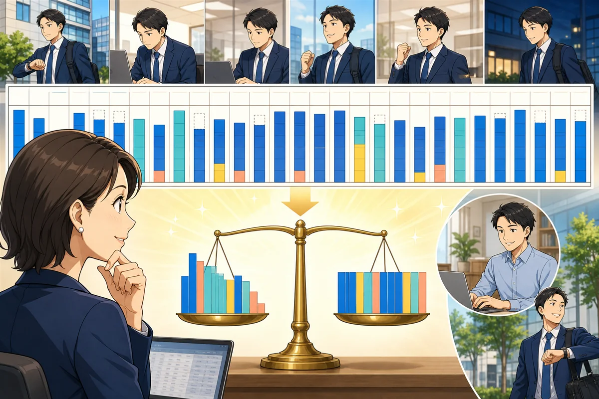 日ごとに長短のある勤務時間を、人事担当者が1か月の清算期間全体で合計し過不足を確認している場面