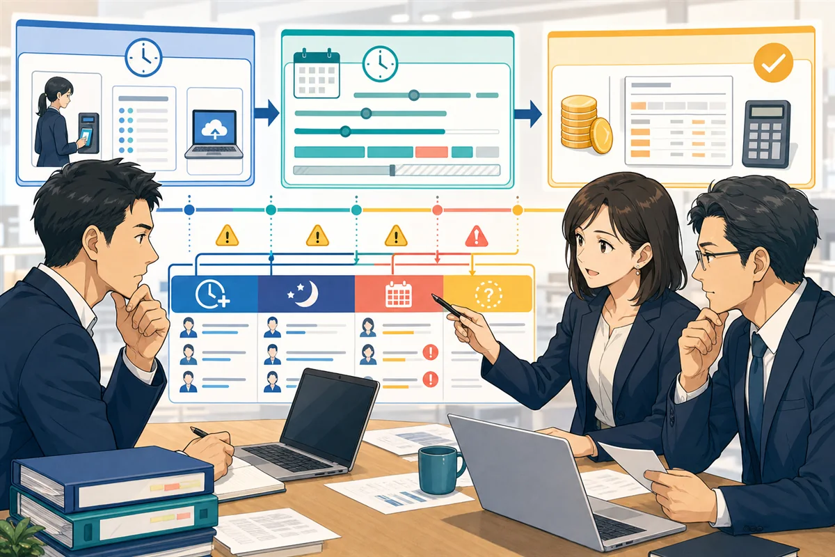人事、給与、現場の担当者が、打刻からフレックス集計、時間区分、給与連携までを一つの流れで点検している場面
