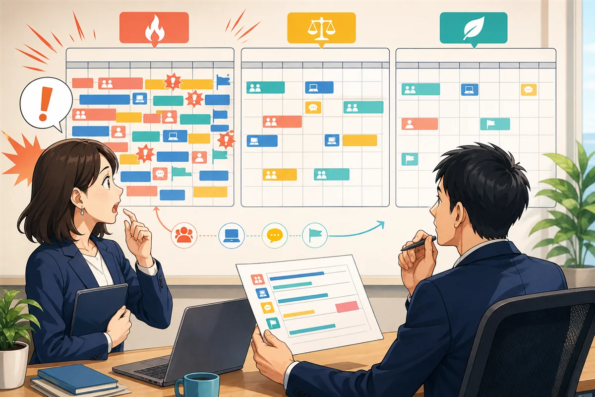 3か月の勤務予定のうち最初の月へ労働時間が偏り、人事担当者が月ごとの上限と期間全体の総枠を確認している場面