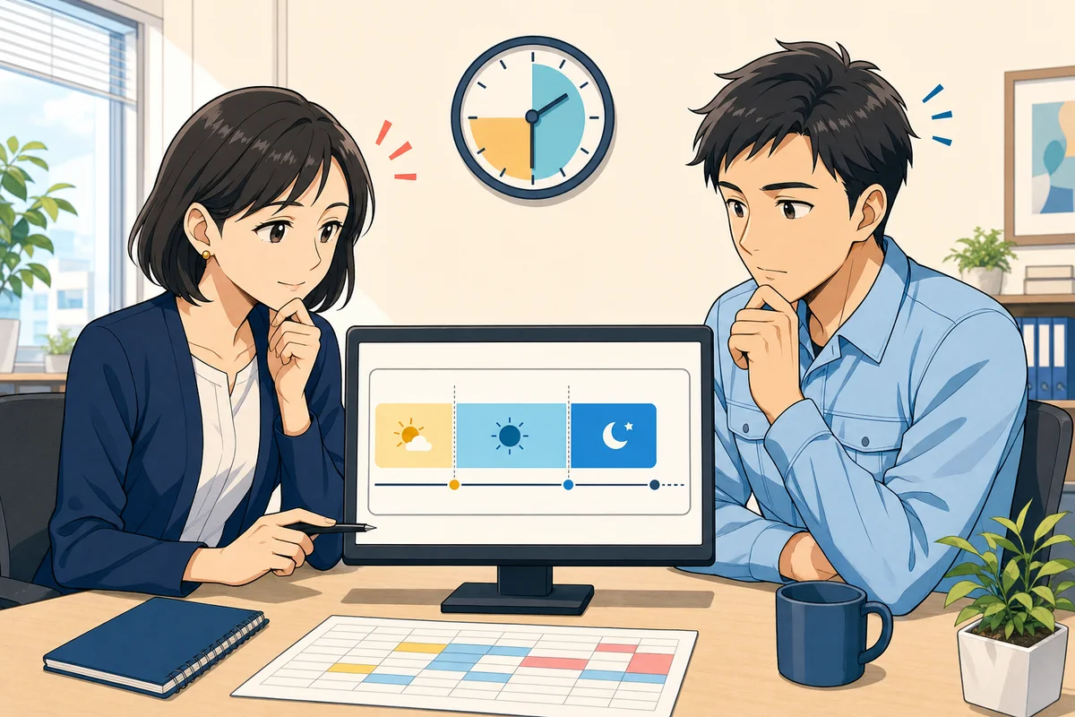 半日有休を取得した日の勤務について、人事担当者と従業員が有休時間と実際に働いた時間を分けて確認している場面