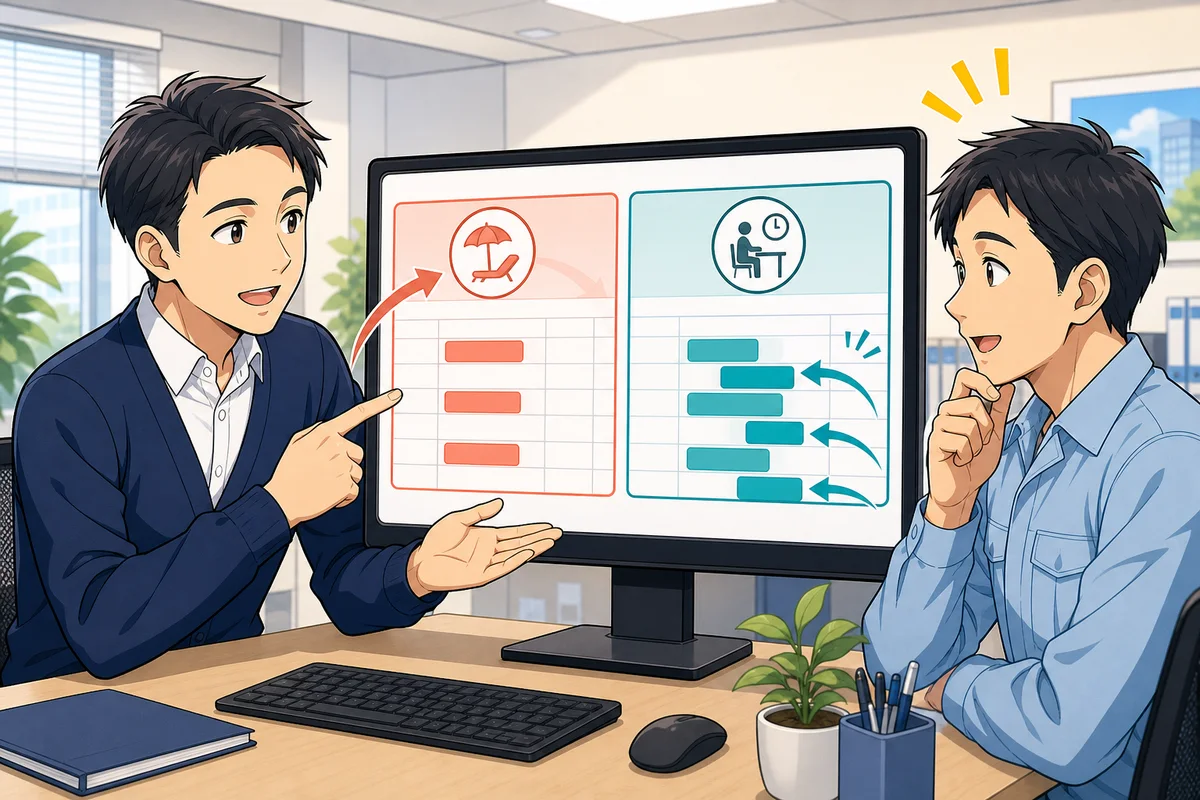 半日有休の記録と実労働時間の記録を別の欄に分け、法定時間外の判定には実労働だけを使っている場面