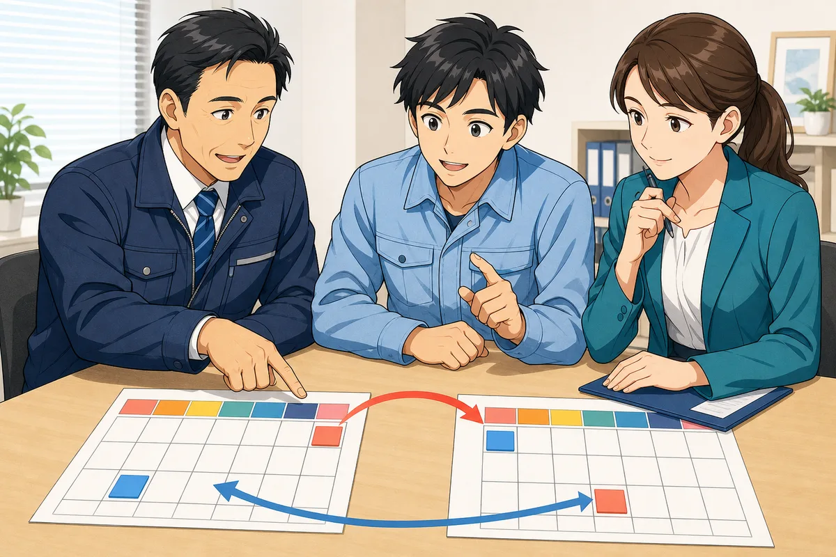 休日出勤前に、管理職、従業員、人事担当者が二つの勤務表を並べ、元の休日と新しい休日を特定している場面