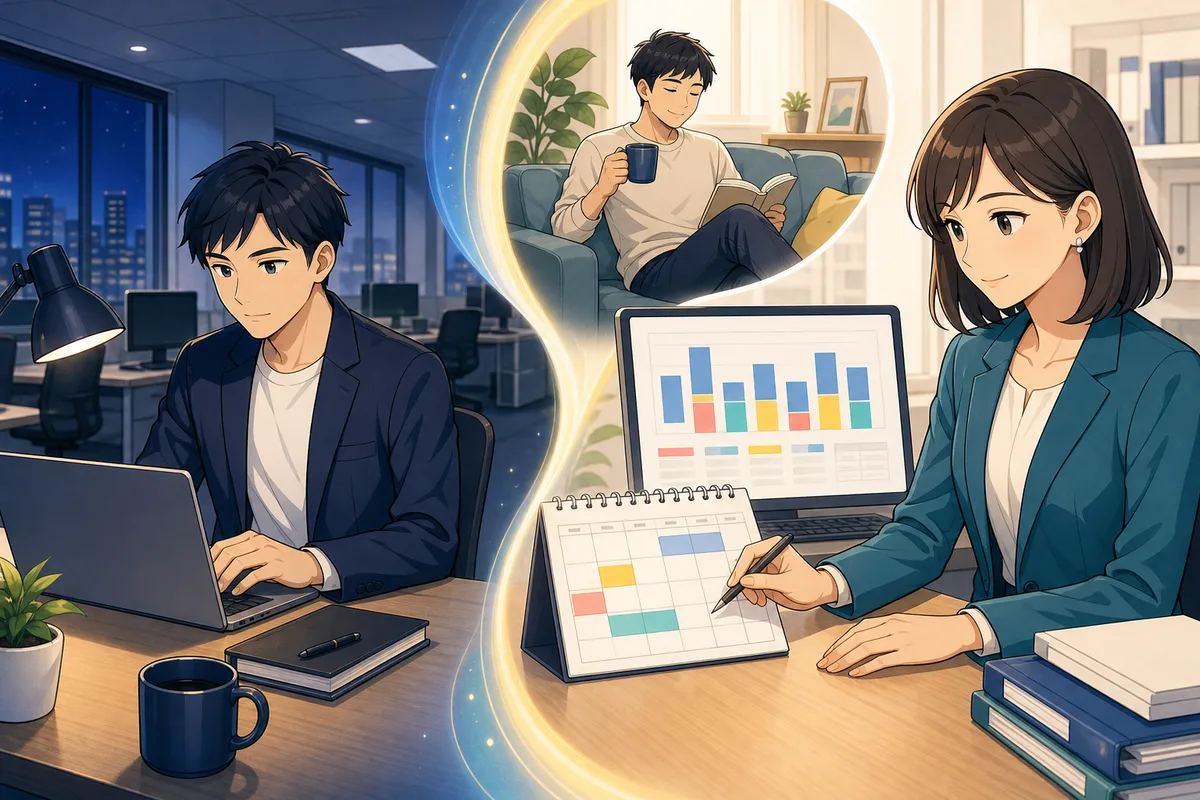 休日に働く従業員と、その後の休みを勤務表へ登録しながら休日労働の記録も残す人事担当者を対比した場面