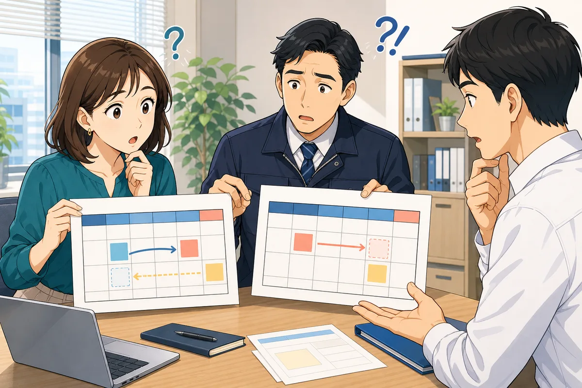 人事担当者、管理職、従業員が、事前に休日を入れ替えた勤務表と休日出勤後に休みを設けた勤務表を見比べている場面