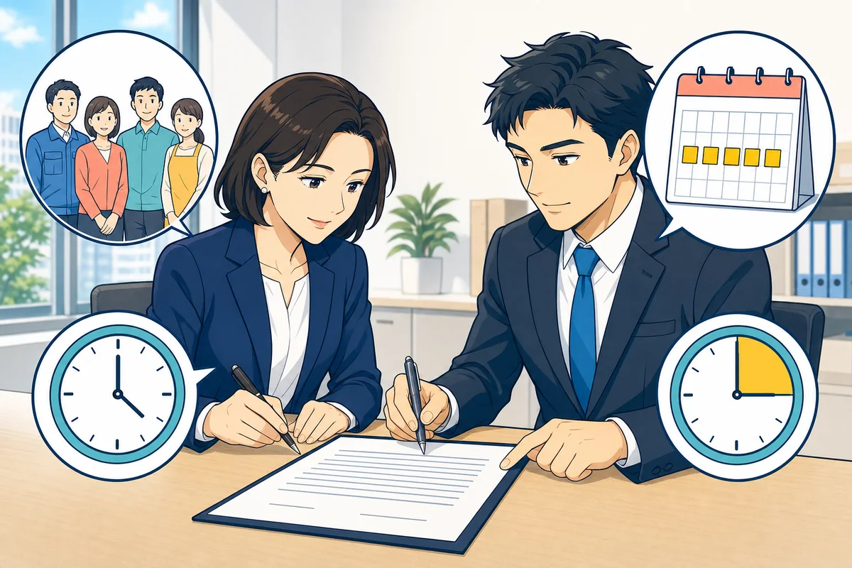 人事担当者と労働者代表が、対象者、年5日以内、1日分の時間数、取得単位という4項目を確認して労使協定を締結する場面