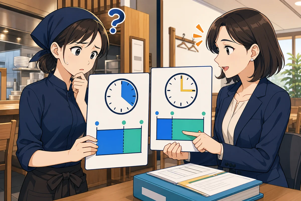 所定労働時間が異なる2つのシフトについて、同じ半日ルールでは休む長さが変わることを人事担当者と飲食店従業員が確認している場面