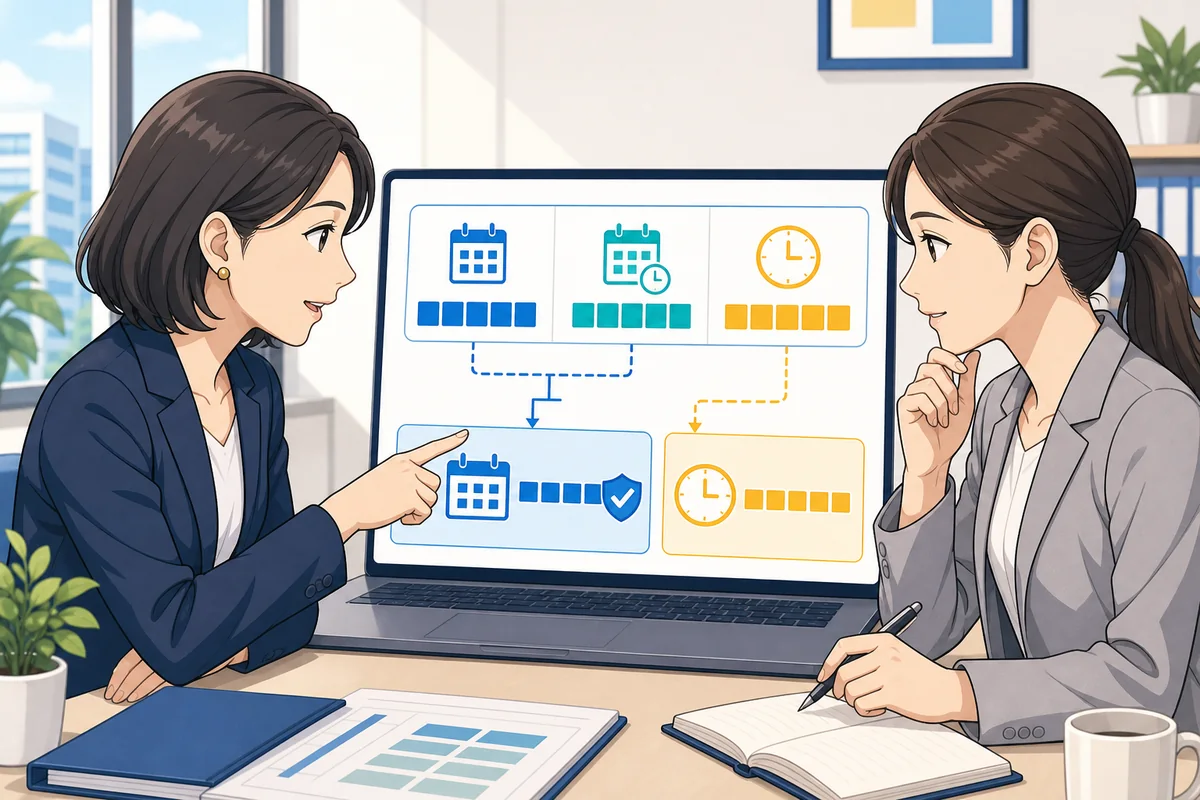 人事担当者と給与担当者が、年休の日数残、半日取得、時間残、年5日取得実績を別々に管理するシステム設定を点検している場面