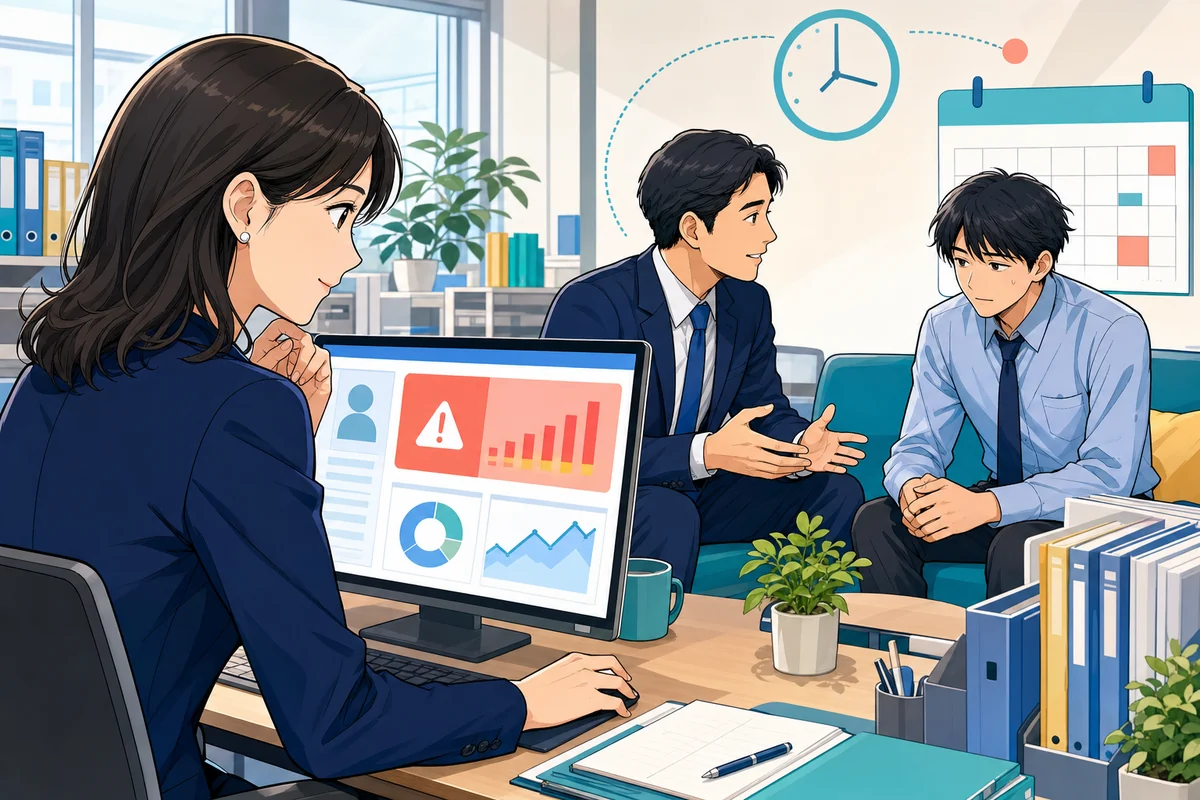 長時間労働の到達見込みを確認し、従業員への声かけと医師面接の準備を進める人事担当者と部門責任者