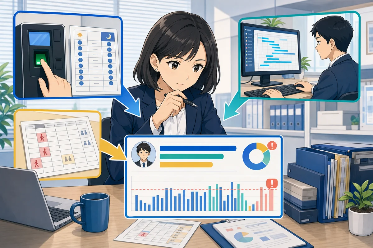 打刻、パソコン利用記録、休日勤務の記録を突き合わせ、健康管理に使う実労働時間を集計する人事担当者