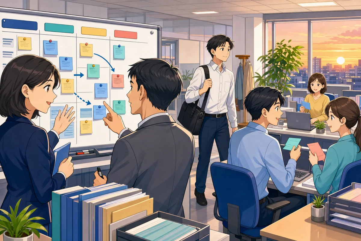 医師の意見を踏まえて人事と部門責任者が業務を再配分し、長時間労働者が定時に退勤できるよう調整する職場