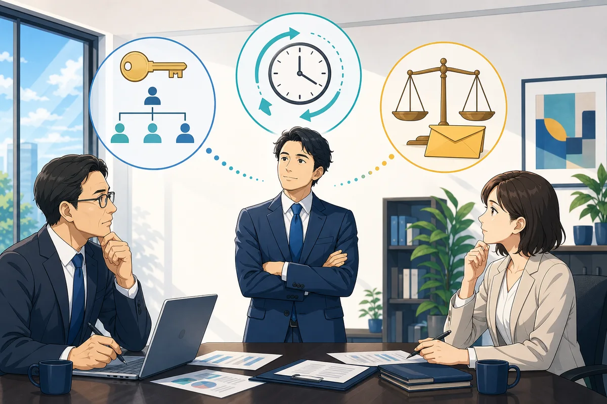 職務権限、勤務時間の裁量、待遇の三つから管理監督者性を確認する場面