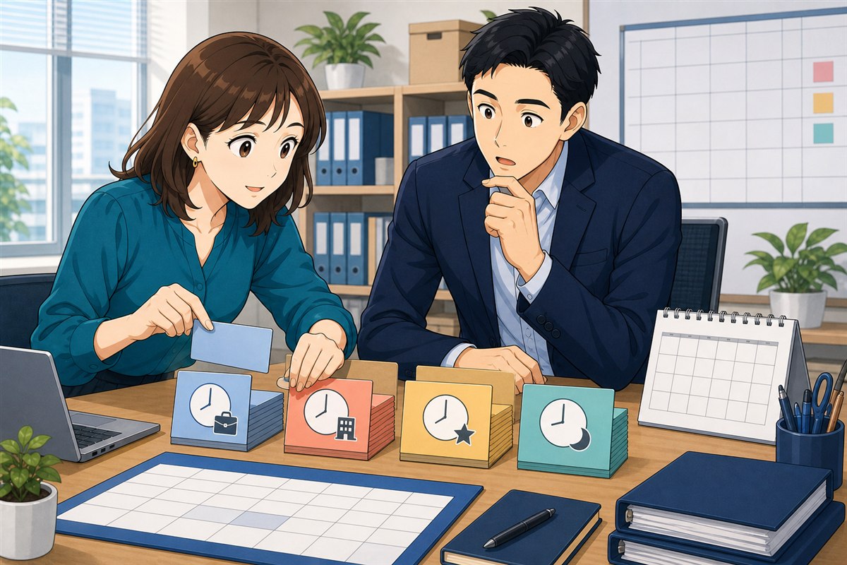 人事担当者が平日の時間外労働、法定外休日の時間外労働、法定休日労働、深夜労働を色分けして月次集計している場面
