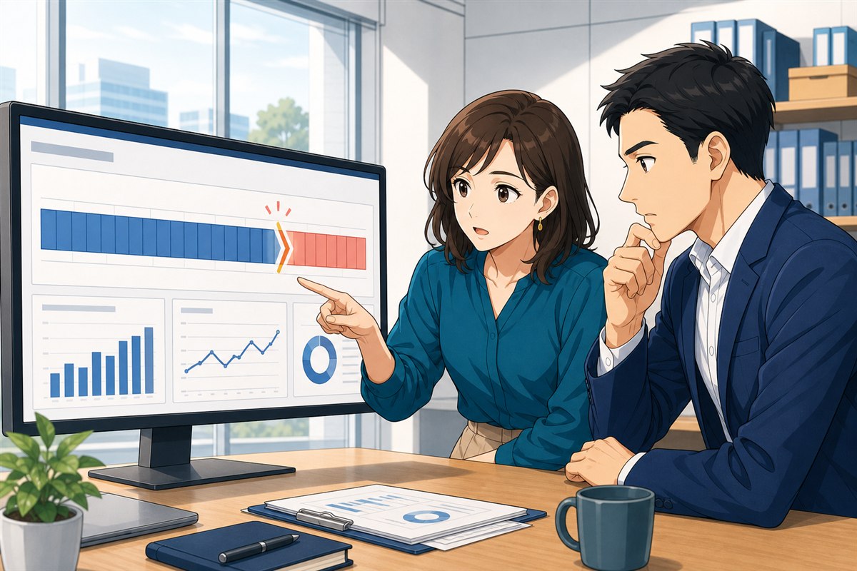 人事担当者と管理職が、月の時間外労働が60時間の境界を越える位置を勤怠画面と勤務表で確認している場面