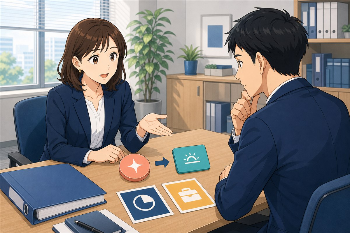 人事担当者が月60時間を超えた時間の引上げ分から代替休暇を計算し、従業員の取得意思を確認している場面