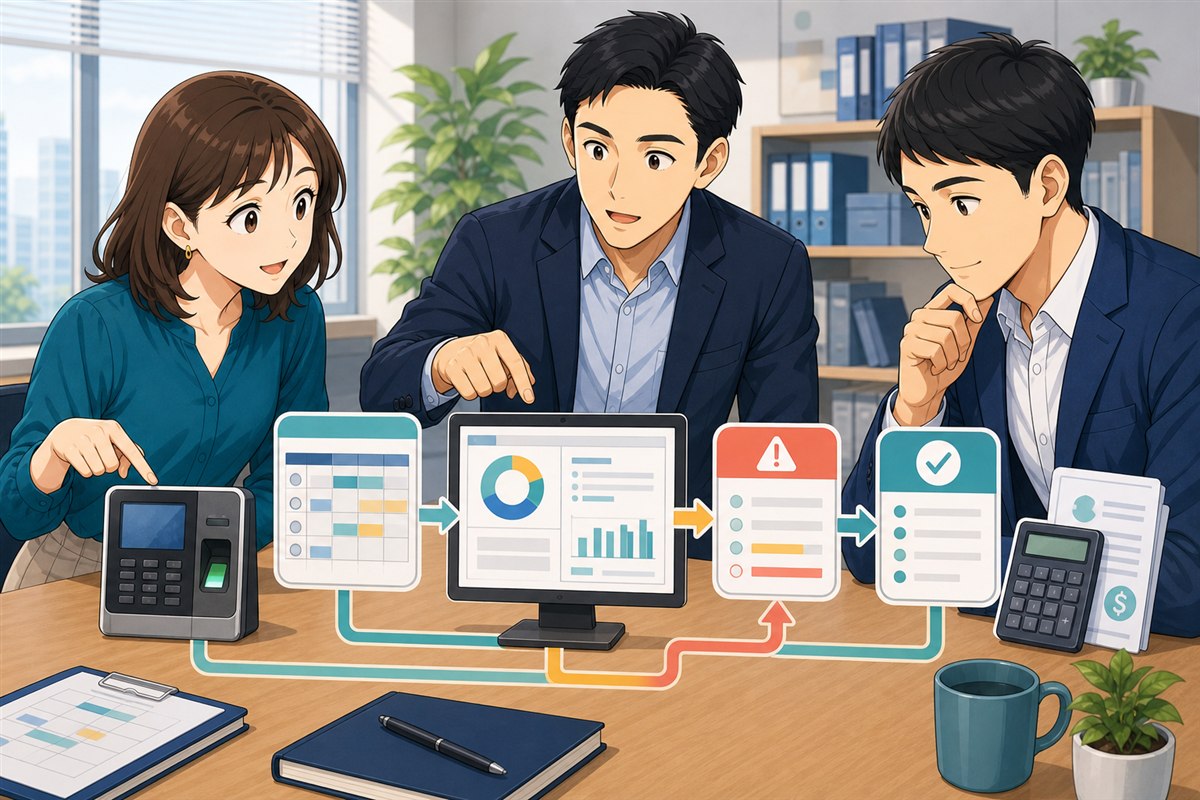勤怠担当者、給与担当者、管理職が、月60時間以下・超過・法定休日・深夜の時間区分と給与項目を突合している場面