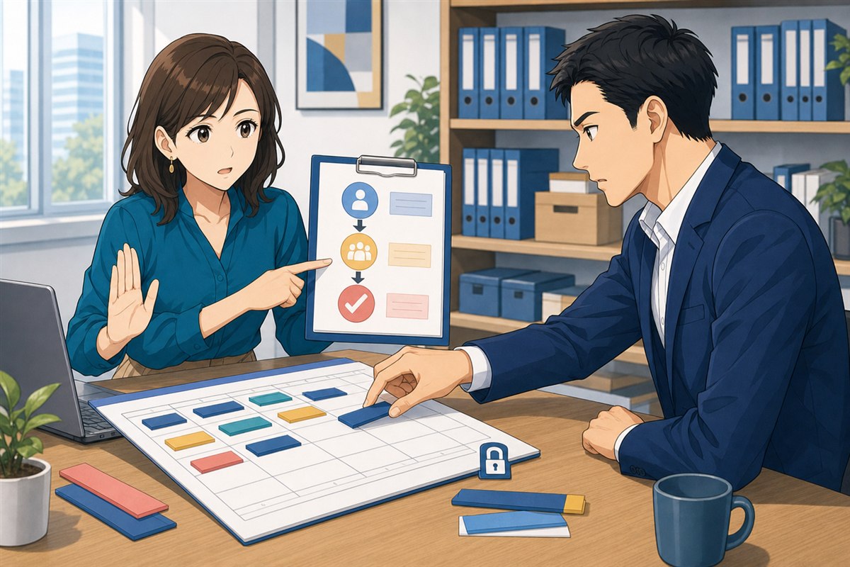 月の開始前に確定したシフトカードを後から動かそうとする管理者へ、人事担当者が変更履歴と事前ルールの確認を促している場面