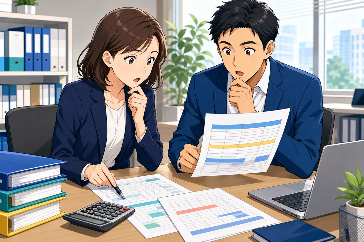 人事担当者と経営者が、割増率ではなく残業単価へ含めた手当の一覧と計算結果を見比べ、差に気づいた場面