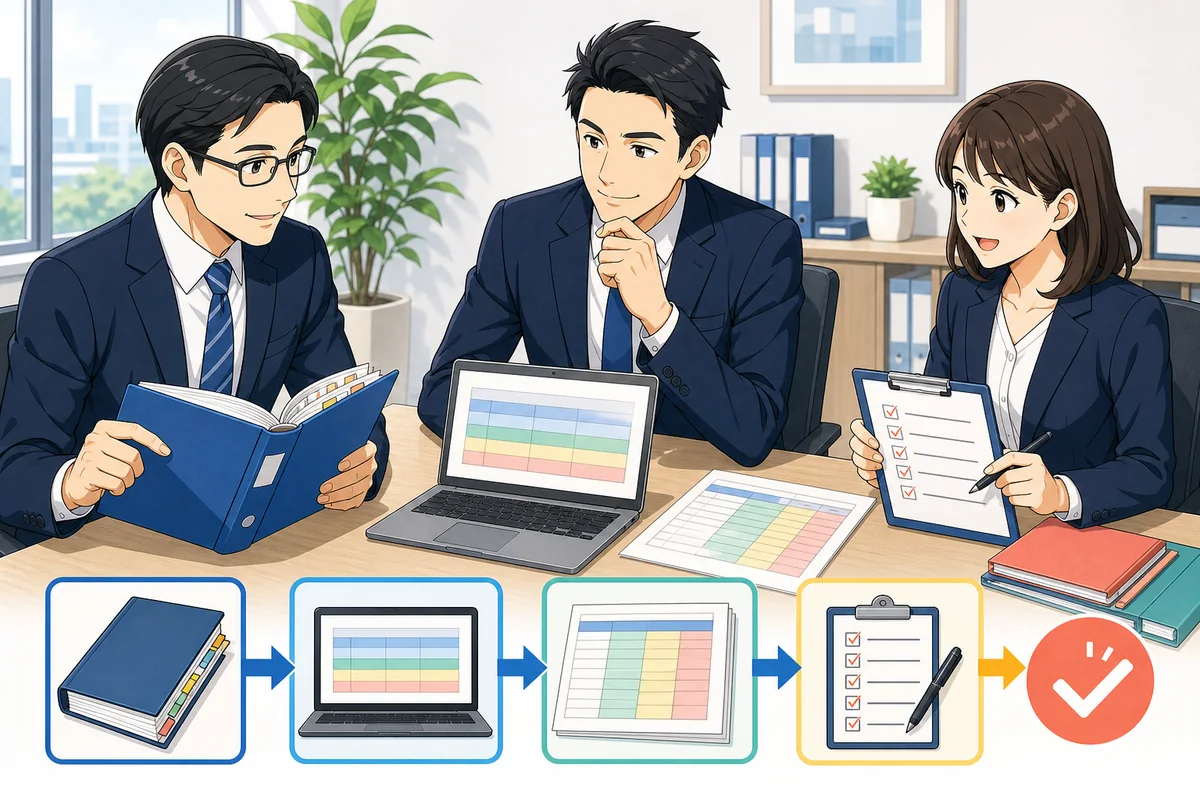 人事、給与、経営の担当者が、賃金規程、給与項目マスタ、1時間単価、給与結果を順につなげて点検している場面