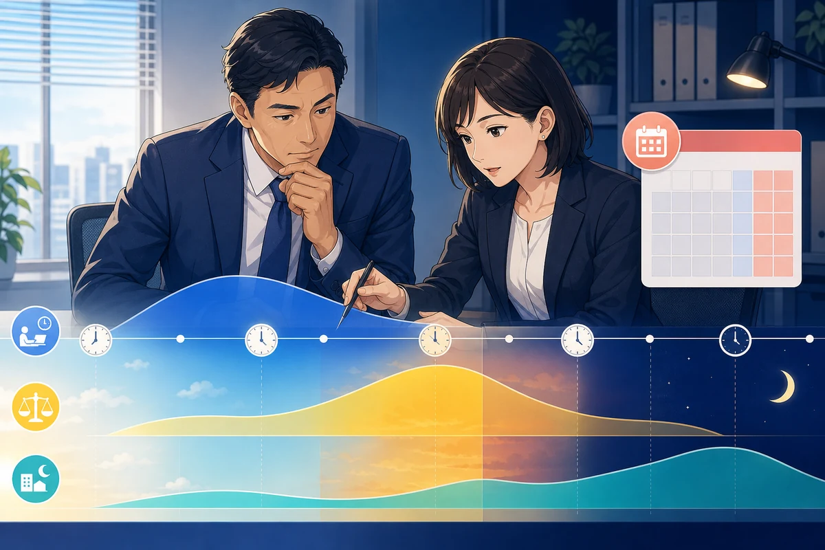 人事担当者が時間外、法定休日、深夜という3つの勤務区分を整理し、それぞれが重なる時間帯の割増率を確認している場面