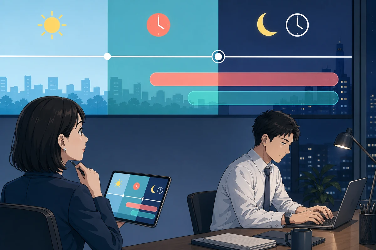 夕方から深夜まで働いた従業員の勤務時間を、通常時間、時間外、午後10時以降の時間外かつ深夜という3区分に分けて確認する場面