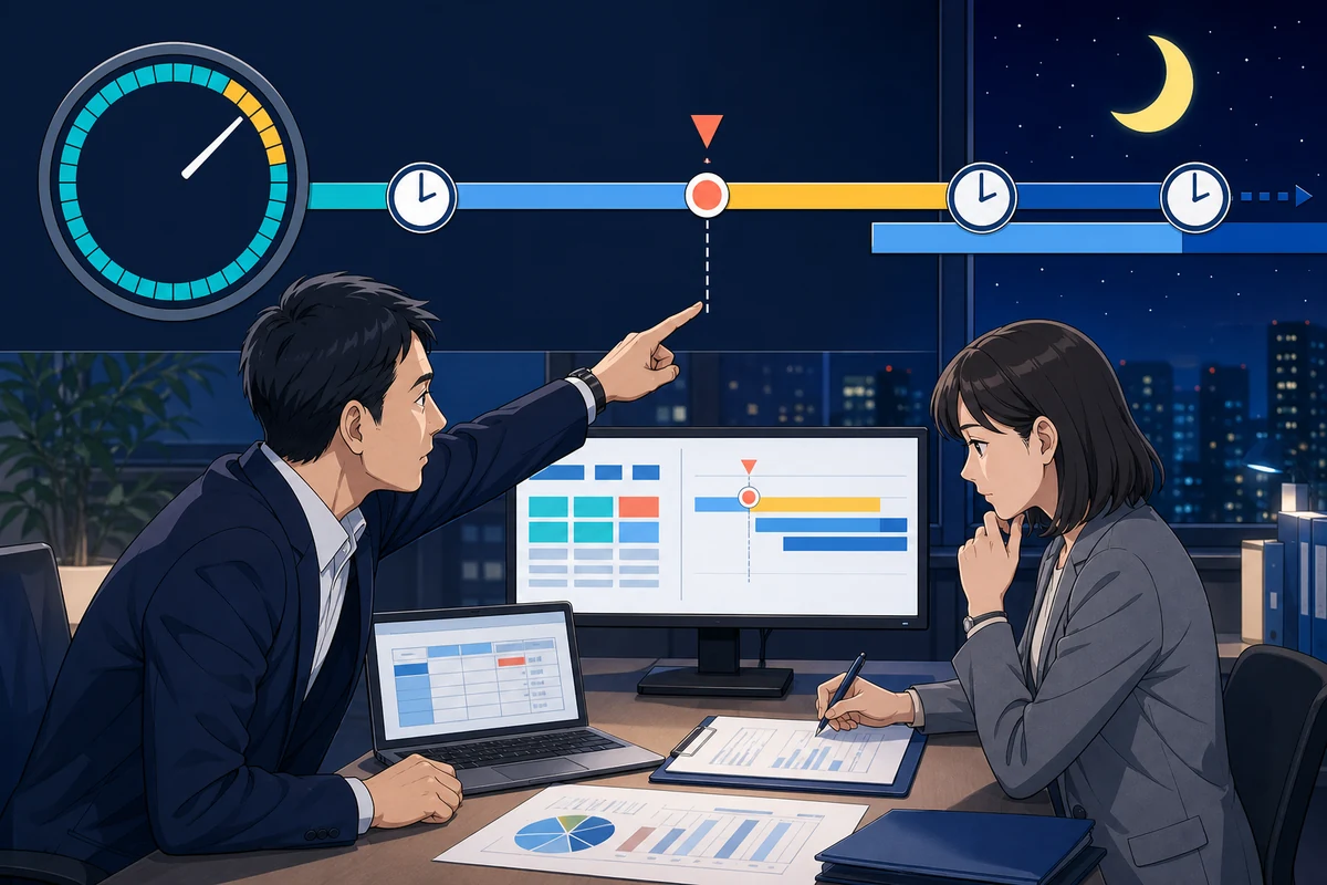 人事担当者が月59時間から始まる夜間残業を、60時間到達前、60時間超、60時間超かつ深夜の3区分へ分割している場面