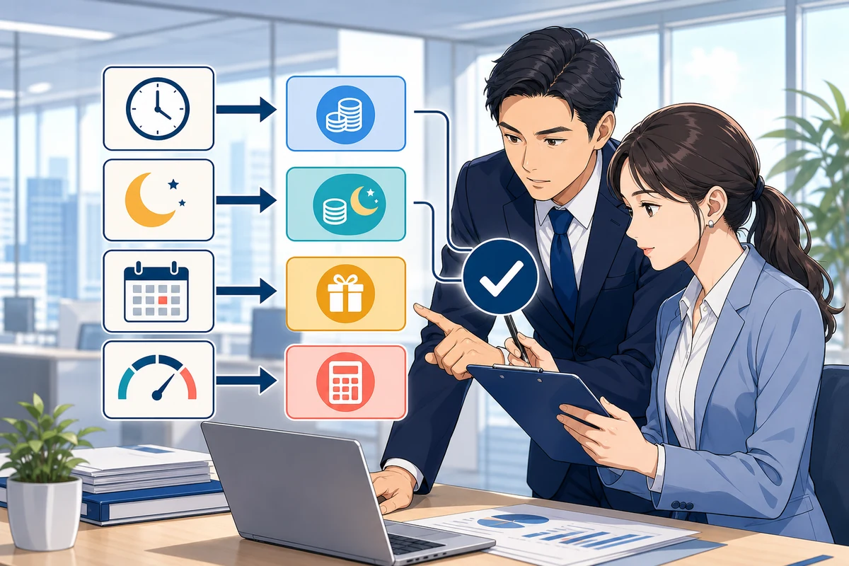 人事担当者と給与担当者が、時間外、休日、深夜、月60時間超の勤怠区分と給与コードの連携を点検している場面