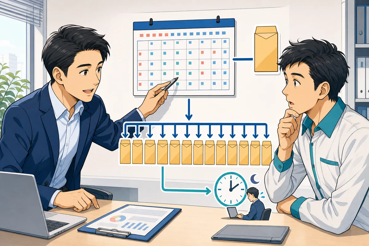 年俸総額を月例給与へ分ける一方、あらかじめ金額が確定した賞与部分も年間の賃金とつなげて確認している場面
