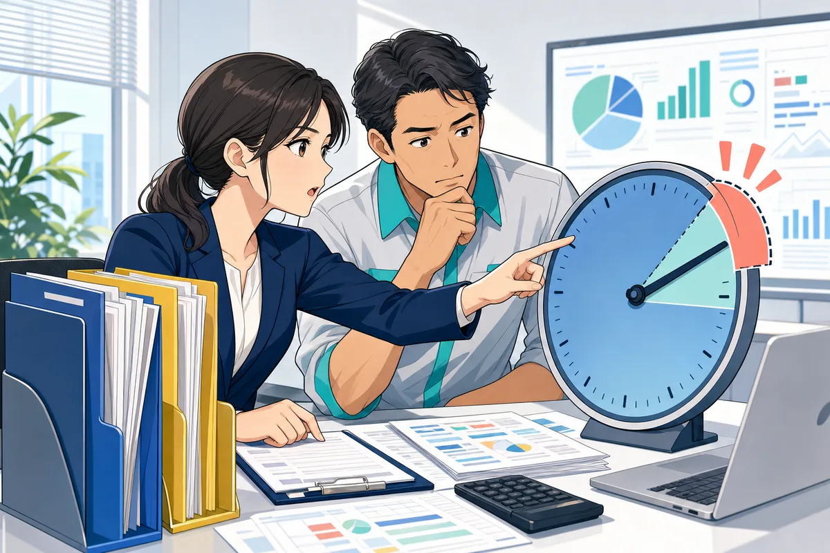 人事担当者と経営者が、固定残業代の対象時間を超えた実際の残業時間を見つけ、追加支給する部分を確認している場面