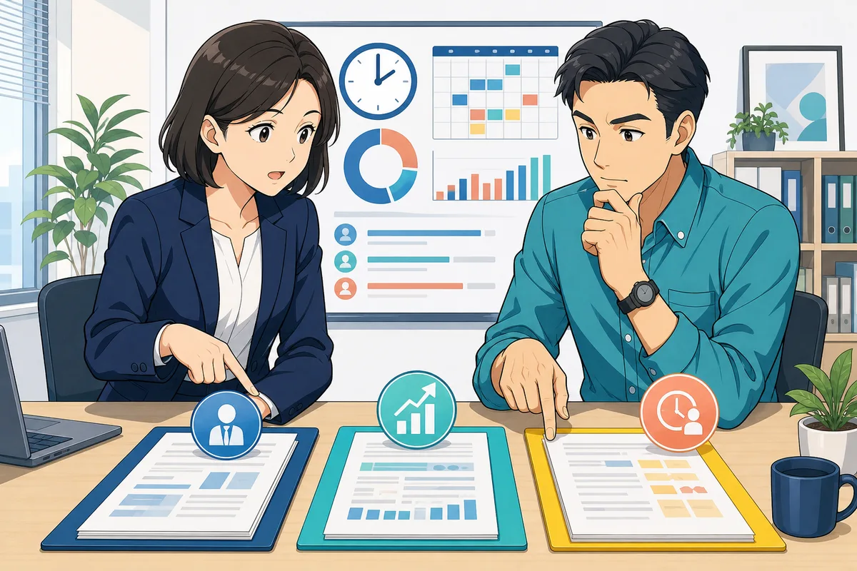 人事担当者と経営者が、年俸制、歩合給、固定残業代の三つの給与資料を実際の労働時間と照合している場面
