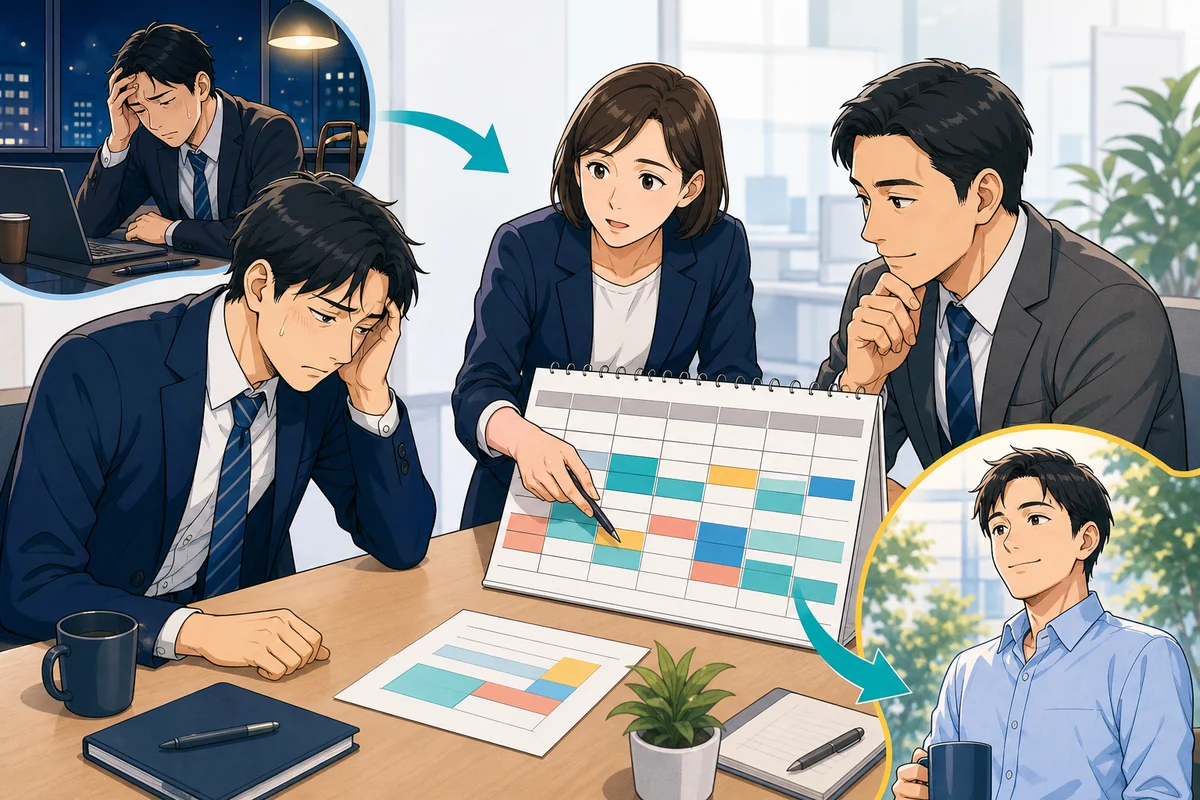 副業を含む長時間勤務で疲れている従業員に対し、人事担当者と上司が勤務表を確認して自社の仕事量を減らしている場面