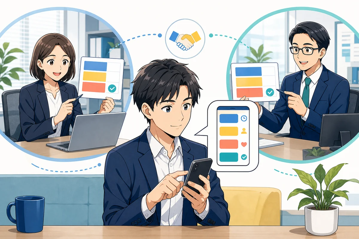 従業員が副業先の勤務予定と実績をスマートフォンで申告し、本業と副業先の担当者がそれぞれ上限を確認している場面