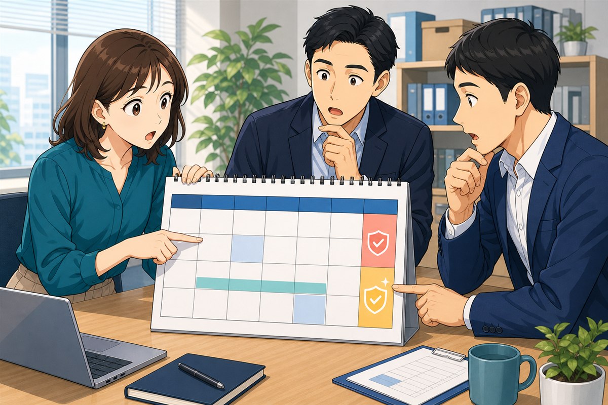人事担当者と管理職が、週に二つある休日のうち法律上の法定休日として扱う日を勤務表で確認している場面