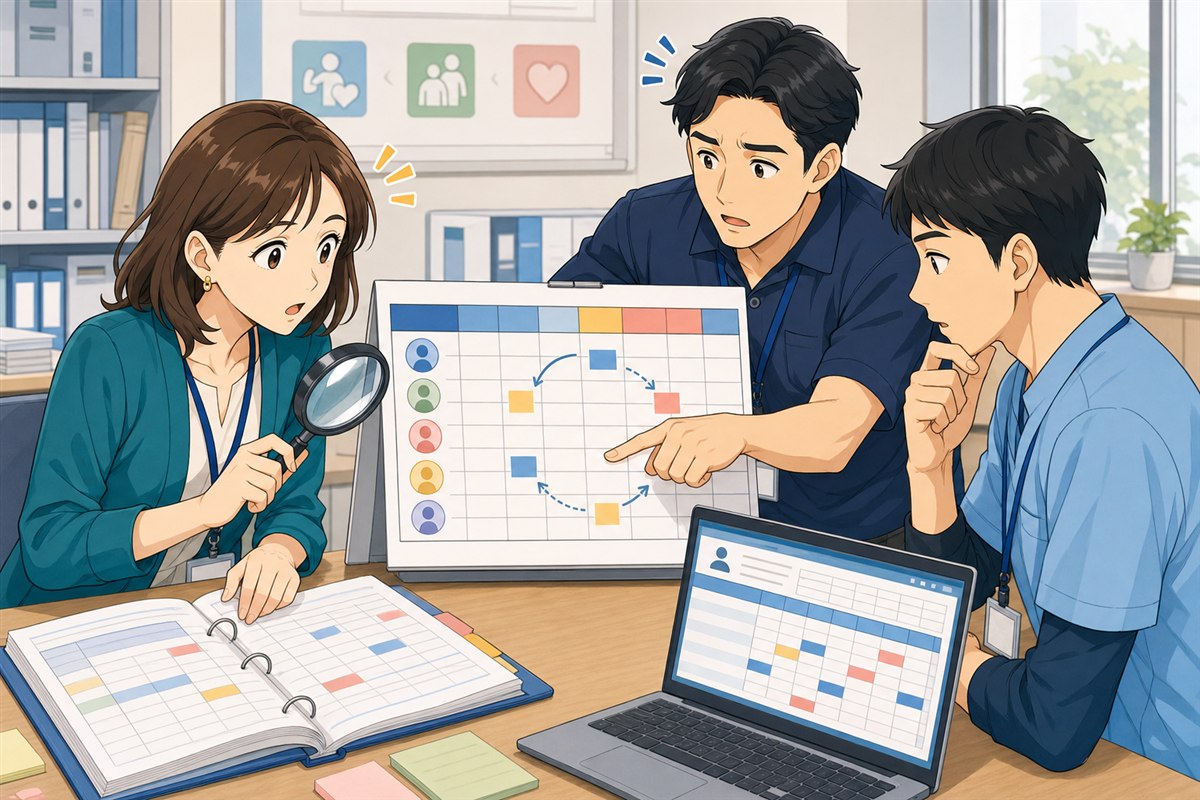 介護施設の人事担当者と管理者が、従業員ごとに異なる休日区分を勤務表、就業規則、給与画面で追跡している場面