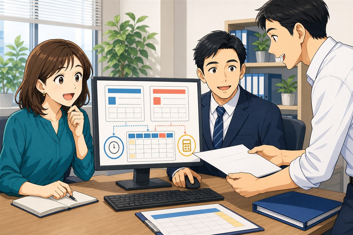人事担当者、給与担当者、管理職が、二種類の休日区分から勤怠集計と給与計算へつながる設定を確認している場面