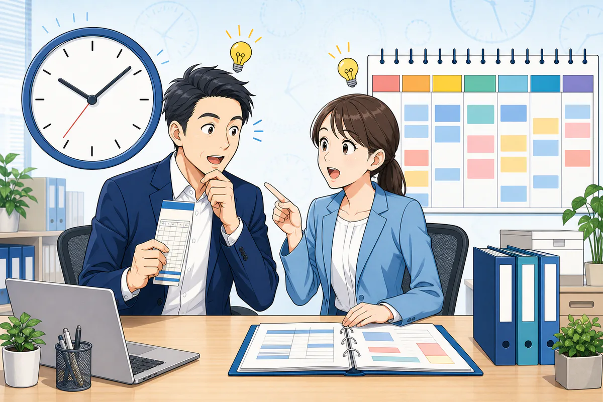 経営者と人事担当者が、1日の時計と1週間の勤務表を並べて法定労働時間を確認している場面